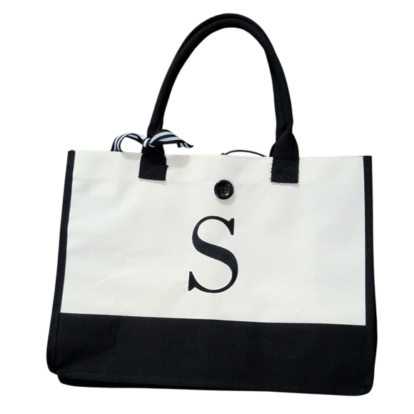 Handbags - Canvas Monogram Tote Bag with Black Trim - S Initial